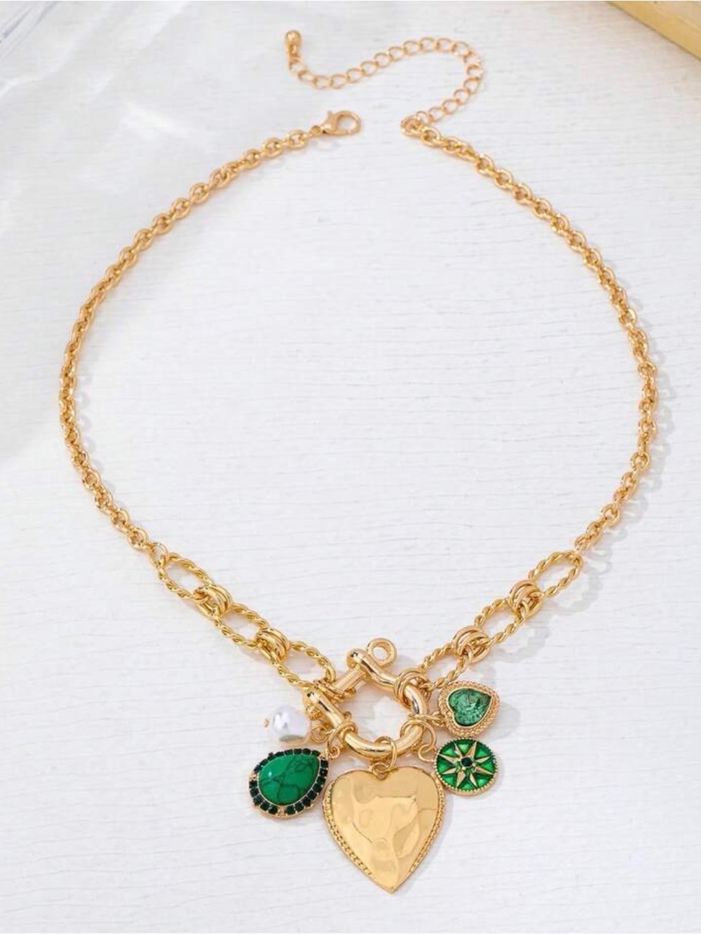 Western Horseshoe Necklace Gold Heart Charm Necklace with Green Gem Accents - Picture 4 of 5